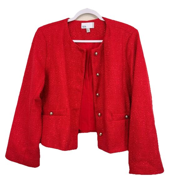 Nordstrom Rack Womens Tweed Blazer Sz Extra Large Red Textured Gold Buttons - Picture 2 of 8